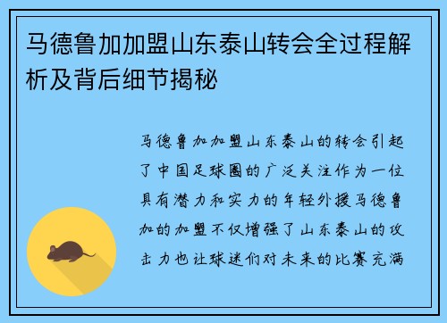 马德鲁加加盟山东泰山转会全过程解析及背后细节揭秘